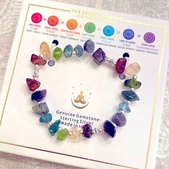Brand New Genuine Gemstone & Sterling Silver Seven Chakras Stretch Bracelet - Picture 9 of 10